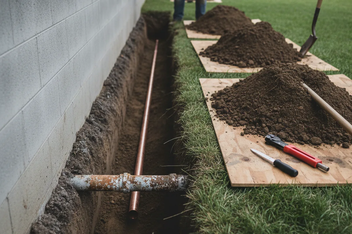 Excavated water line trench during Water Heater Repair in Taylorsville